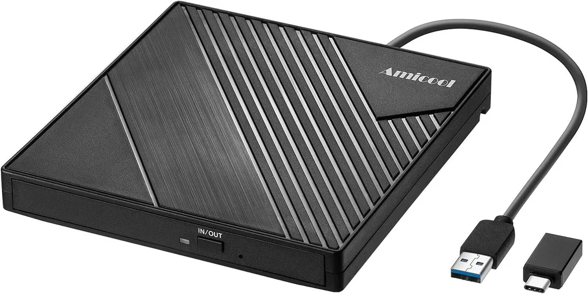 Slim silver external DVD drive with USB-C cable attached