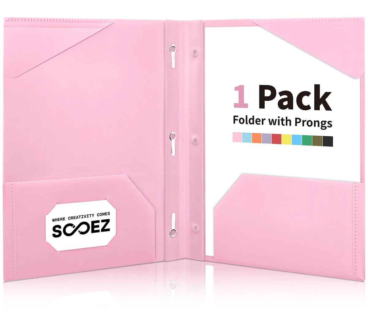 Pink plastic folder with two pockets and three prongs for letter paper