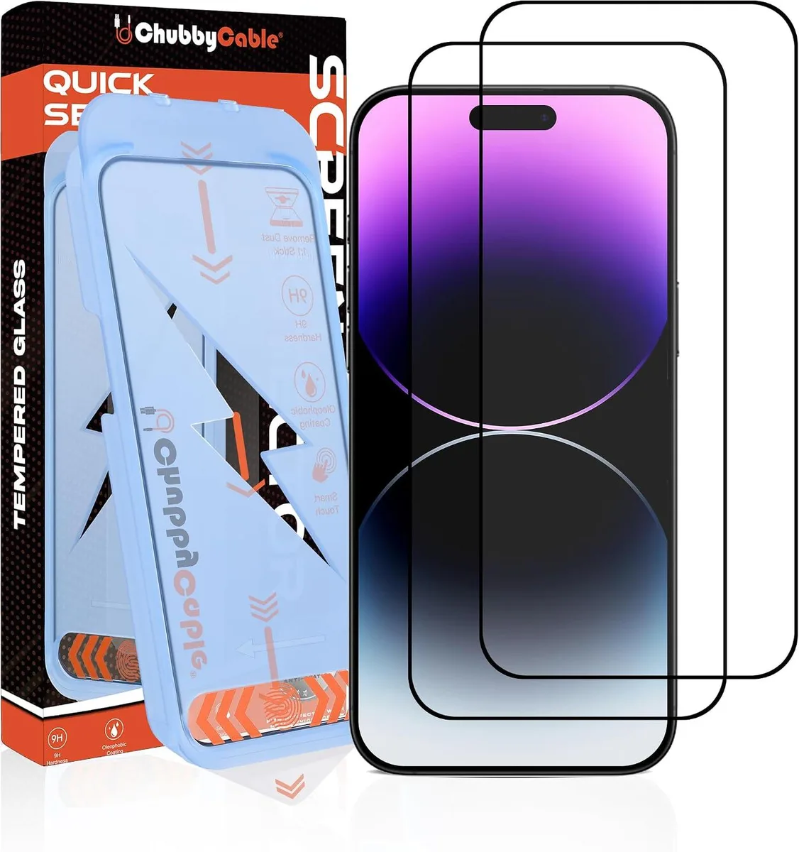 Two clear tempered glass screen protectors in installation frames
