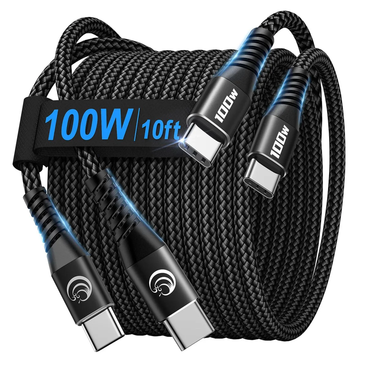 Two black braided USB-C cables coiled together, male-to-male connectors, ten feet each