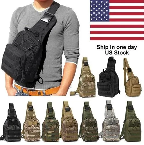 Black tactical sling bag, compact rectangular shape, MOLLE webbing, padded strap, 10 inch device sleeve