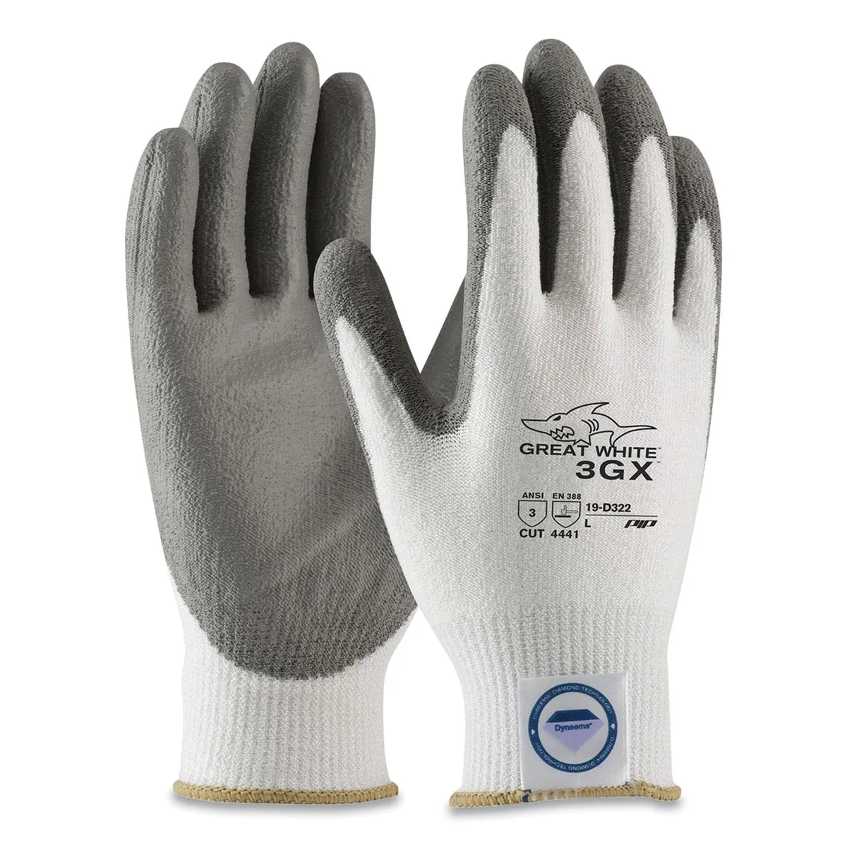 White and gray seamless knit gloves with polyurethane coating, medium size, 12 pack