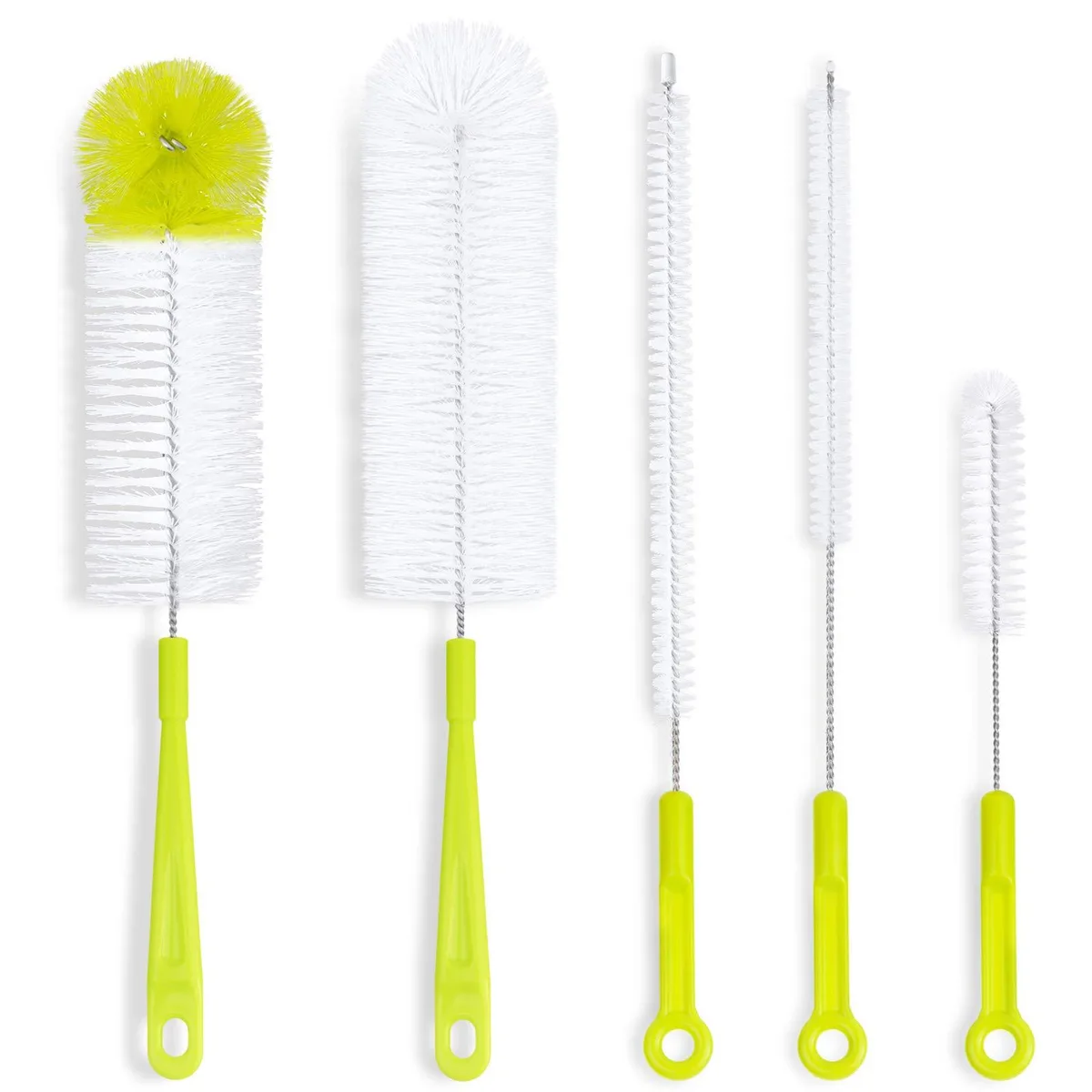 Five brushes with long handles and a hanging hook