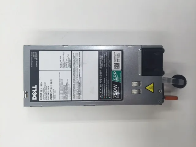 Silver rectangular server PSU with blue hot-plug handle and Dell badge