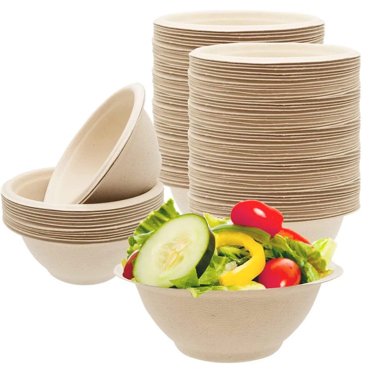 Stack of 100 round 8oz bagasse bowls, brown red finish, 11.5 cm diameter
