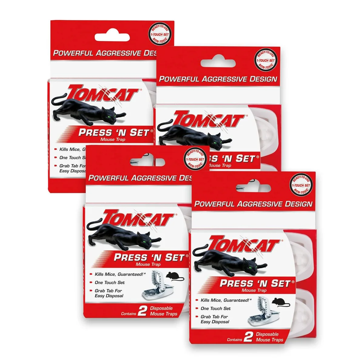 White plastic mouse trap with press bar and grab-tab, shown in multi-pack arrangement