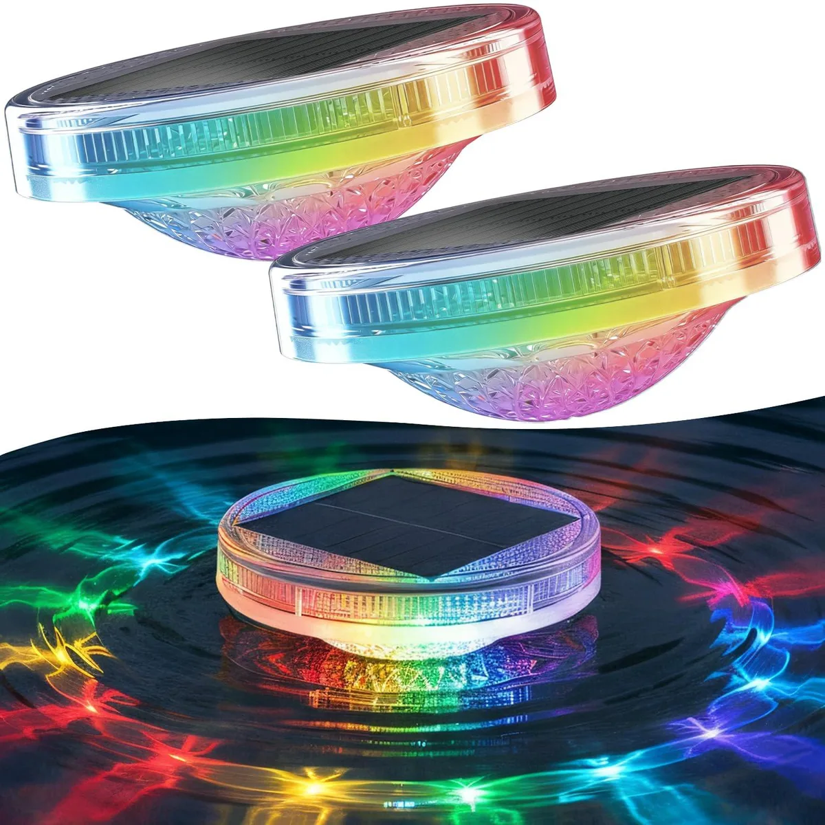 Two white acrylic floating discs with clear prismatic tops, solar LED, IP68 waterproof, remote included
