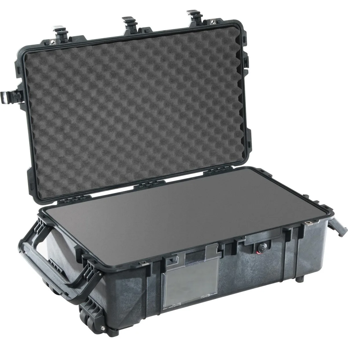 Black polypropylene camera case with retractable handle, four wheels, double-throw latches and foam interior