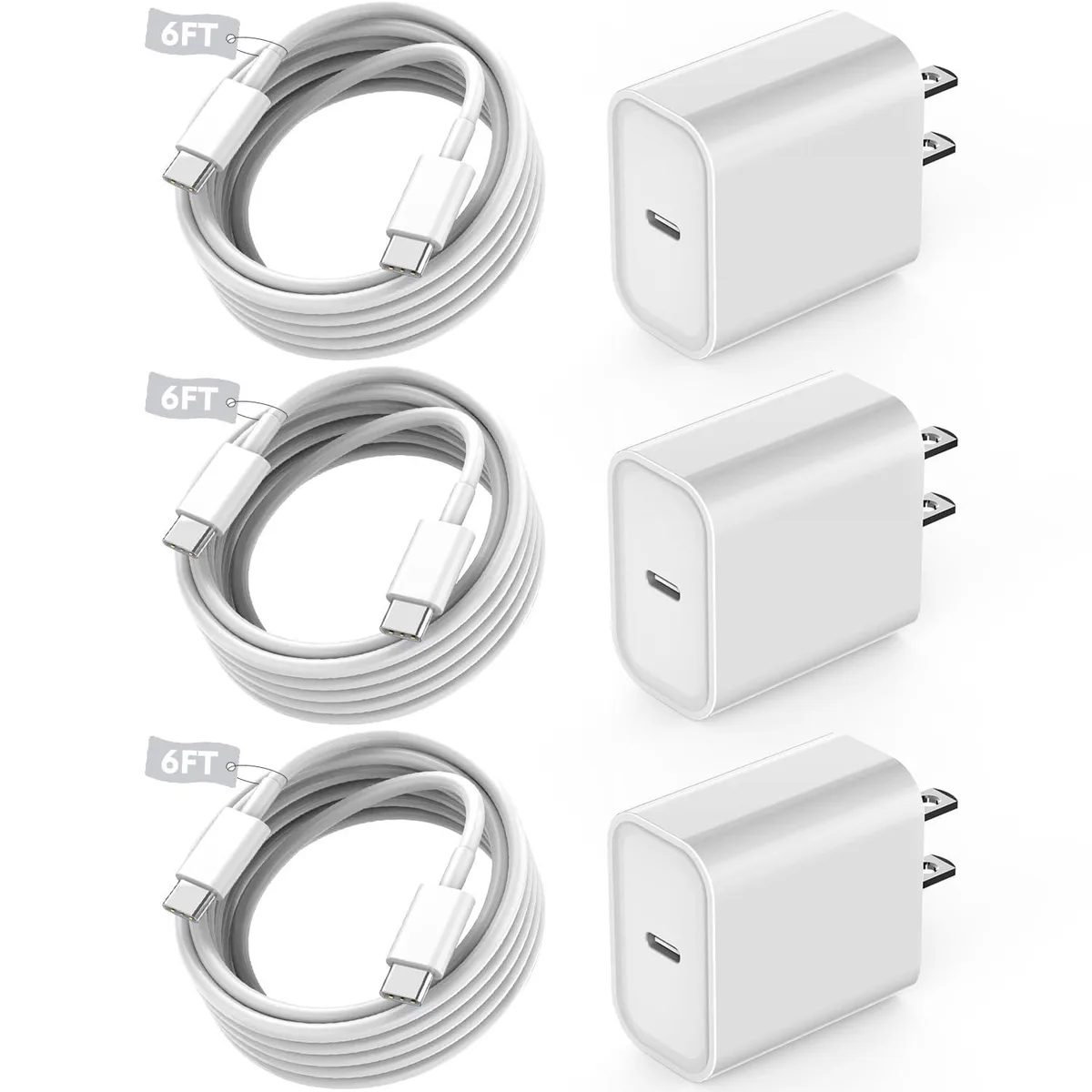 No Sew No Sew 20W PD 3.0 USB-C Charger 3-Pack 6ft Cables White — product photo