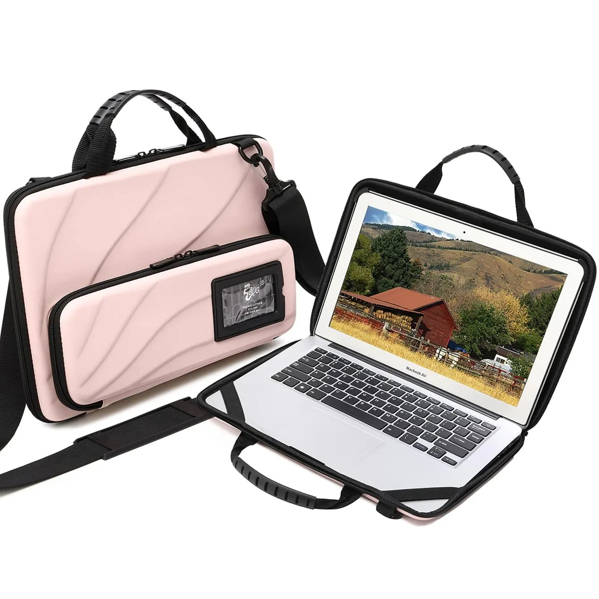 Pink hard-shell laptop case with shoulder strap and pouch, 13.8 by 9.8 by 2.6 inches