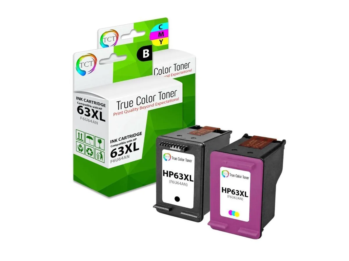 Two rectangular ink cartridges, one black and one tri-colour, side by side in a clear blister pack