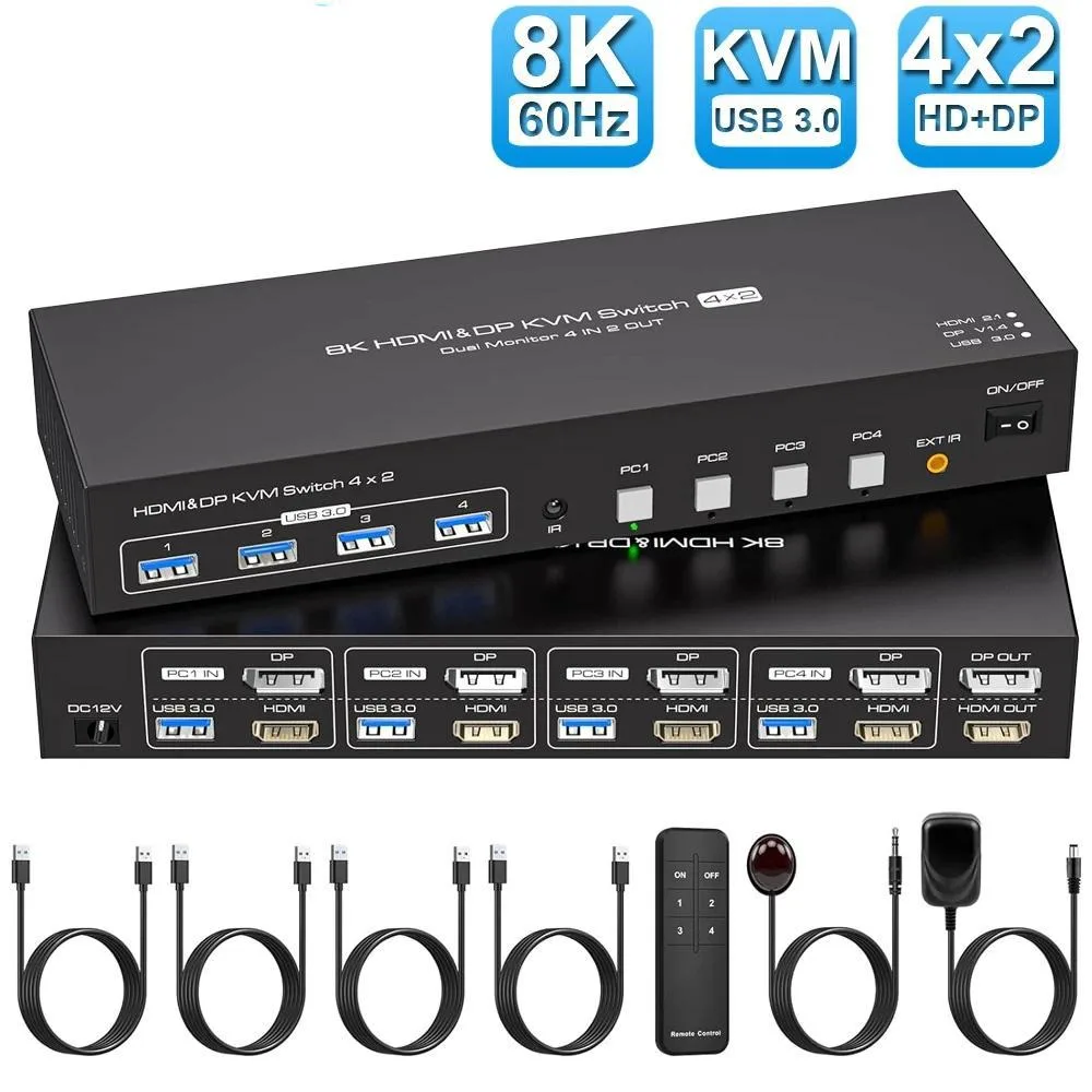 ESTONE ESTONE SW245-1DP1HD 4-Port 2-Monitor KVM Switch 8K60 4K120 USB 3.0 — product photo