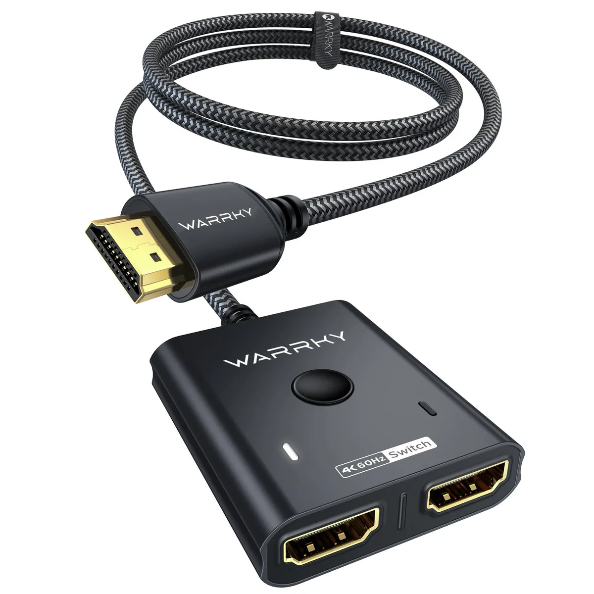 Black aluminum HDMI switch with fixed braided cable