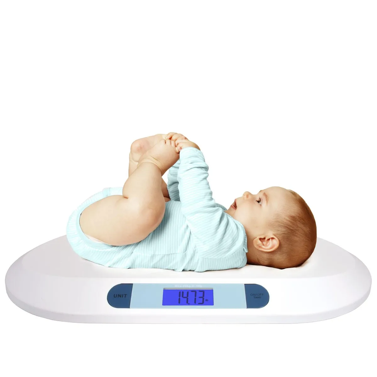 White digital baby scale with curved platform and LCD display