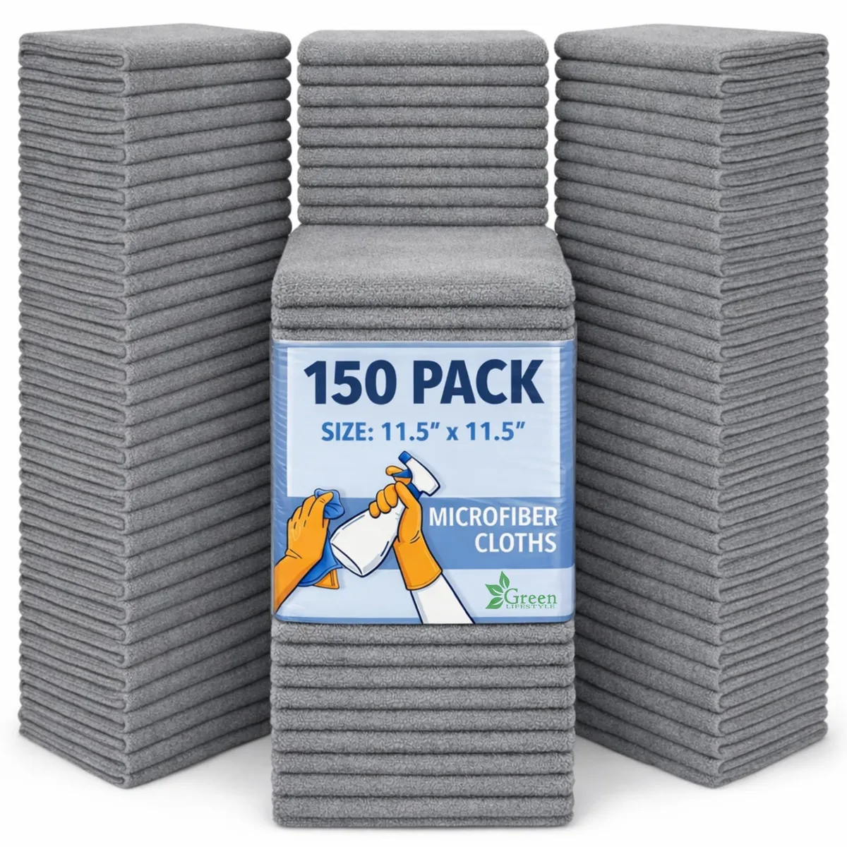 Stack of 150 grey edgeless microfiber cloths, 11.5 by 11.5 inches