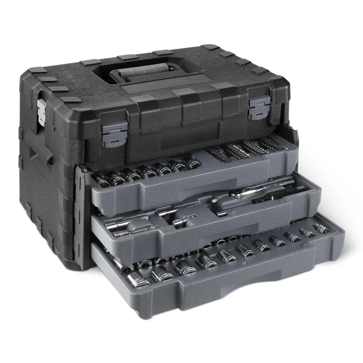 Silver three-drawer tool chest with 287-piece mechanic set inside