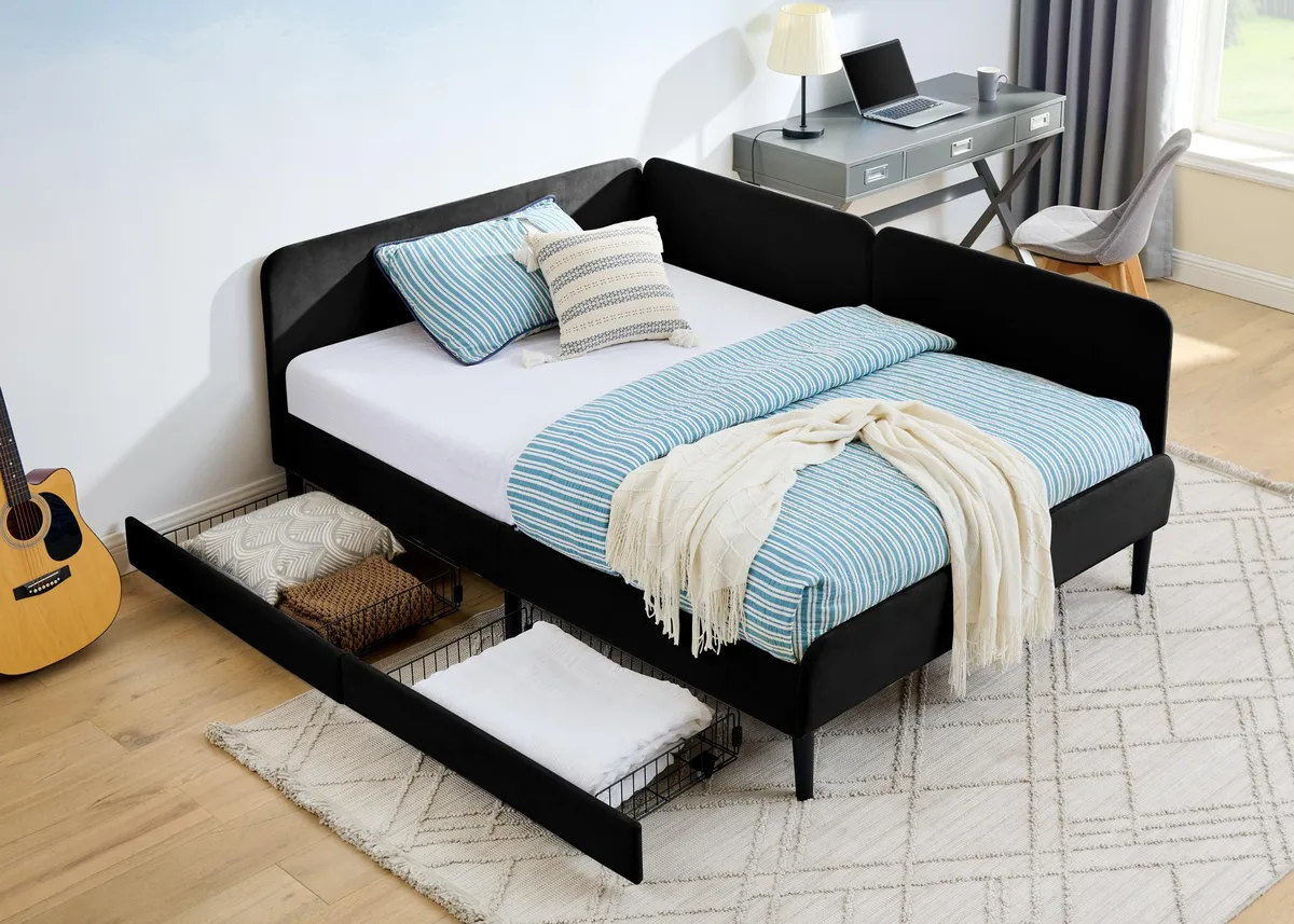 Black velvet sofa bed with two rolling storage drawers underneath