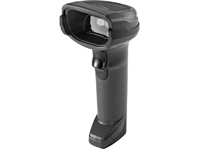 Black cordless handheld 2D barcode scanner with charging cradle