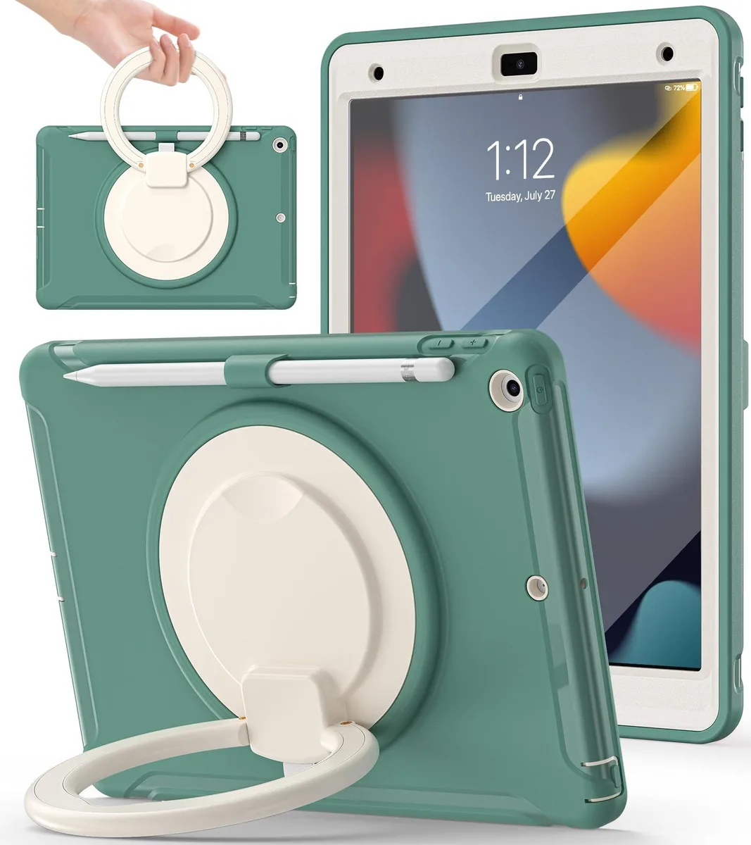 Emerald green rugged iPad case with built-in screen protector, 360-degree rotating ring stand and pencil holder