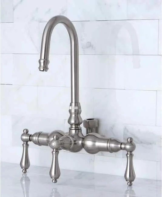 Satin nickel gooseneck kitchen faucet with high-rise tubular spout and shower diverter