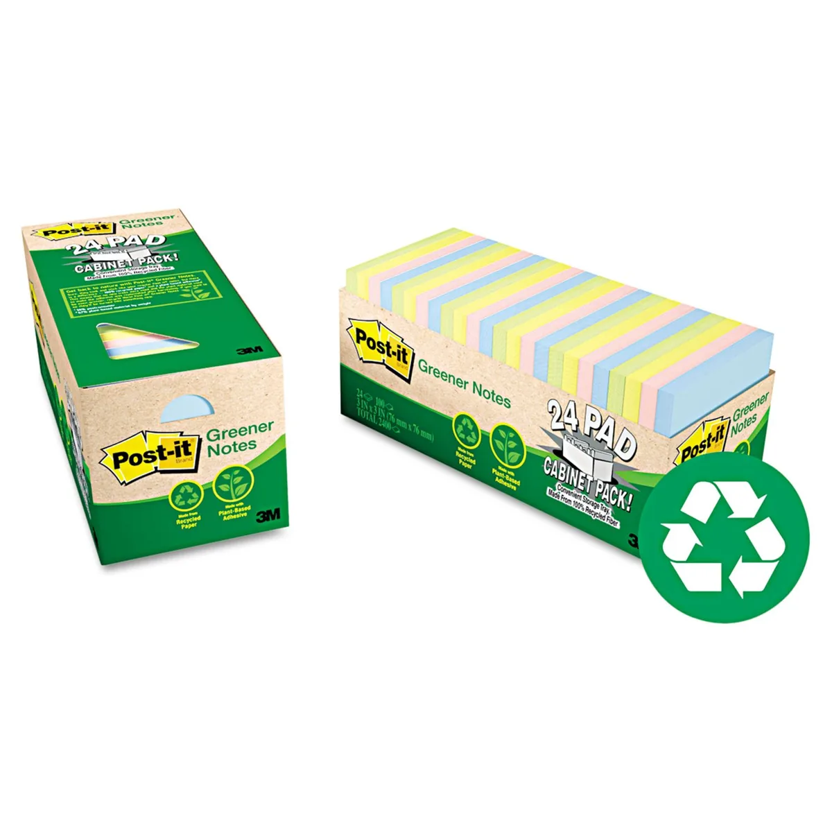Cardboard tray holding 24 square sticky-note pads in pastel colours