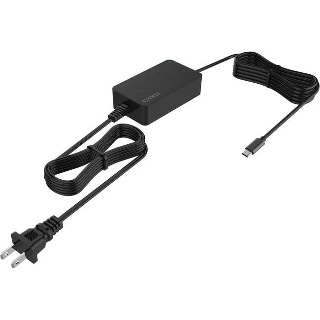 Black rectangular AC adapter with USB-C cable attached