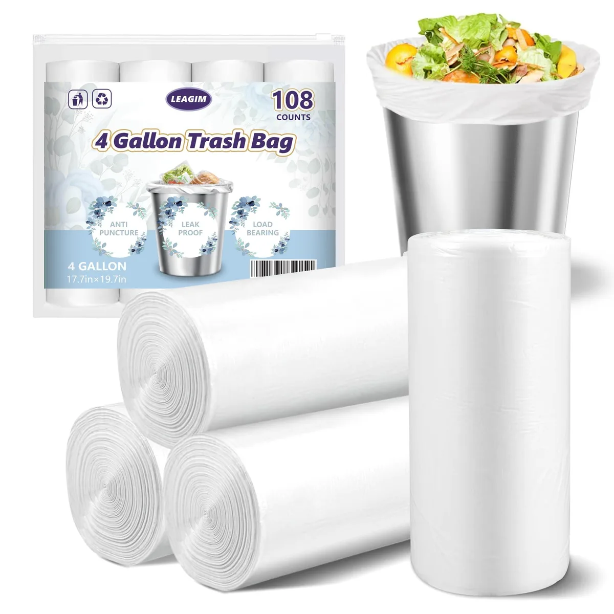 White polyethylene trash bags on four rolls beige box