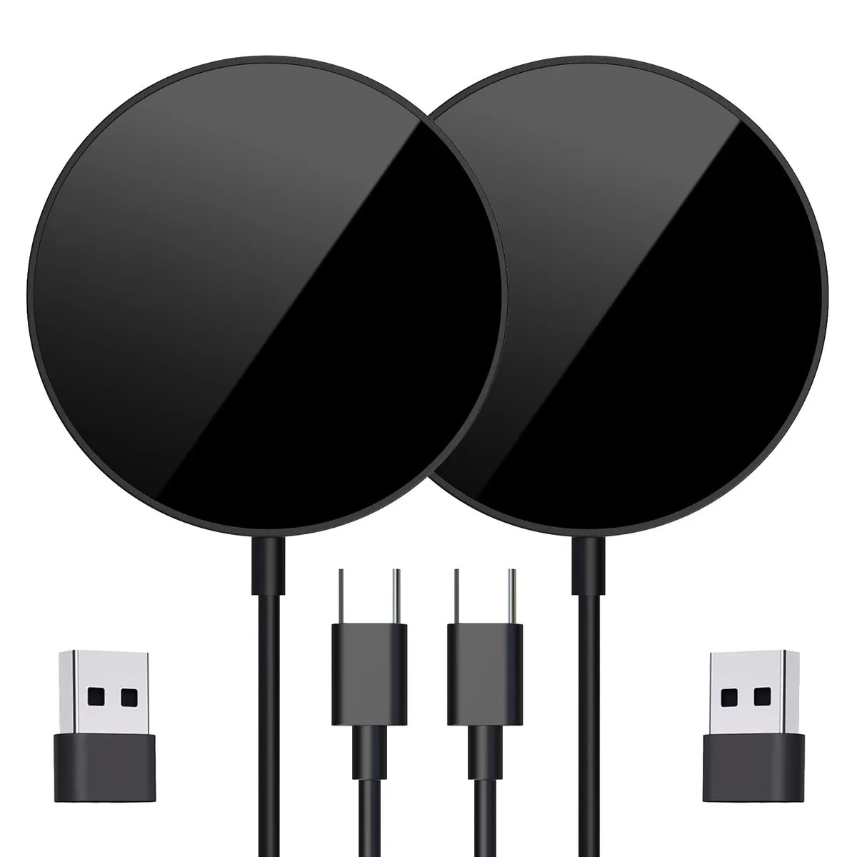 Two black circular magnetic wireless charging pads with USB-C and USB-A connectors