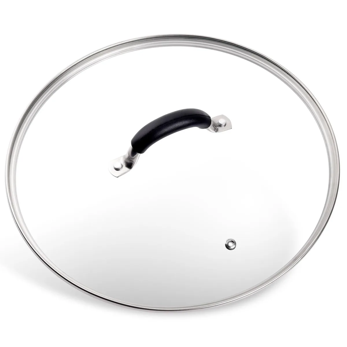 Clear 12 inch tempered glass lid with stainless rim, riveted silicone handle and steam vent