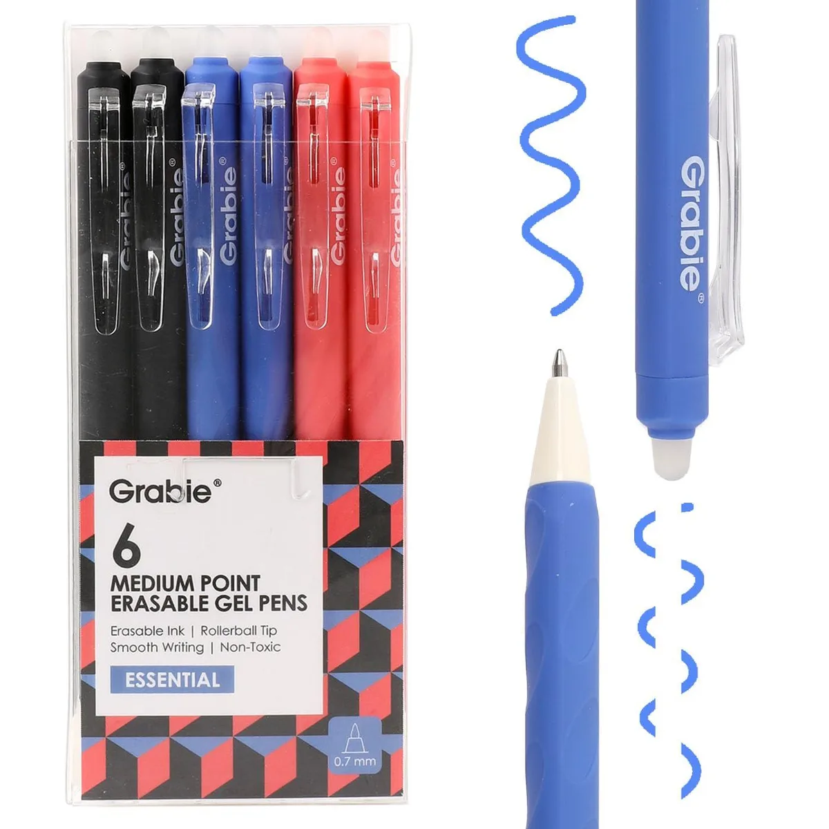 Six retractable erasable gel pens in black blue red with matte finish