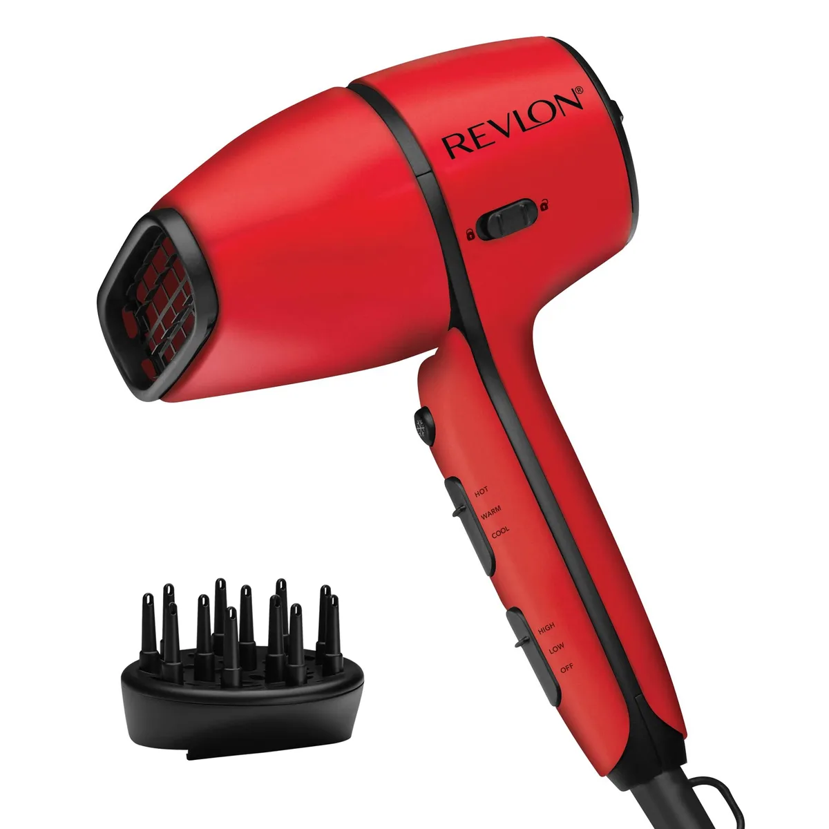 Red hair dryer with rotating concentrator head and diffuser attachment