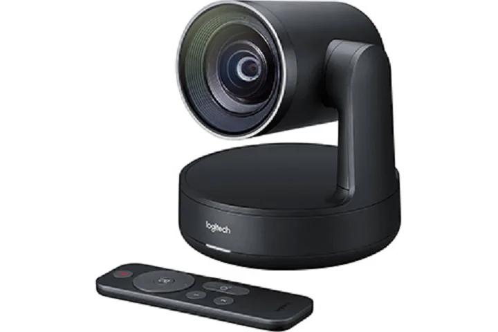 Logitech Rally Plus kit with 4K PTZ camera, two speakers, two white mic pods, hubs and remote control