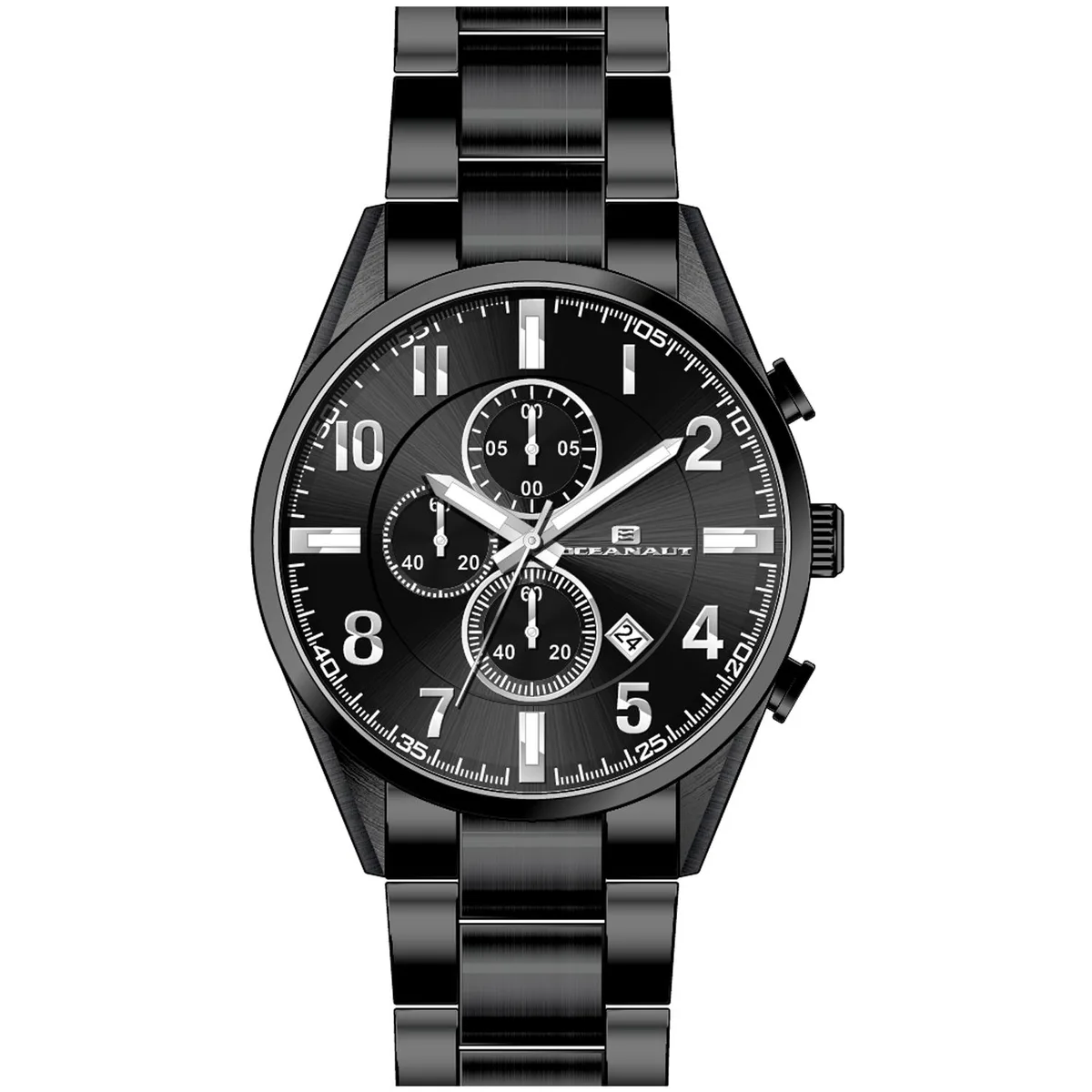 Stainless steel watch with black dial and chronograph sub-dials on metal bracelet