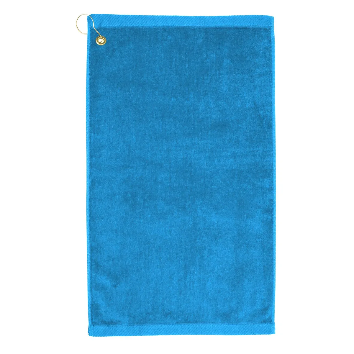 Aqua velour golf towel, 16 by 26 inches, cotton terry with dobby hem and corner hook