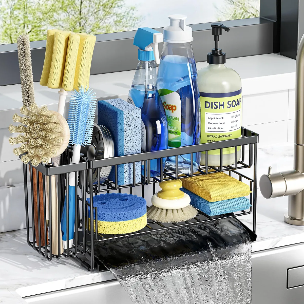 Two-tier stainless steel sink caddy with flexible brush holder and sloped drain tray