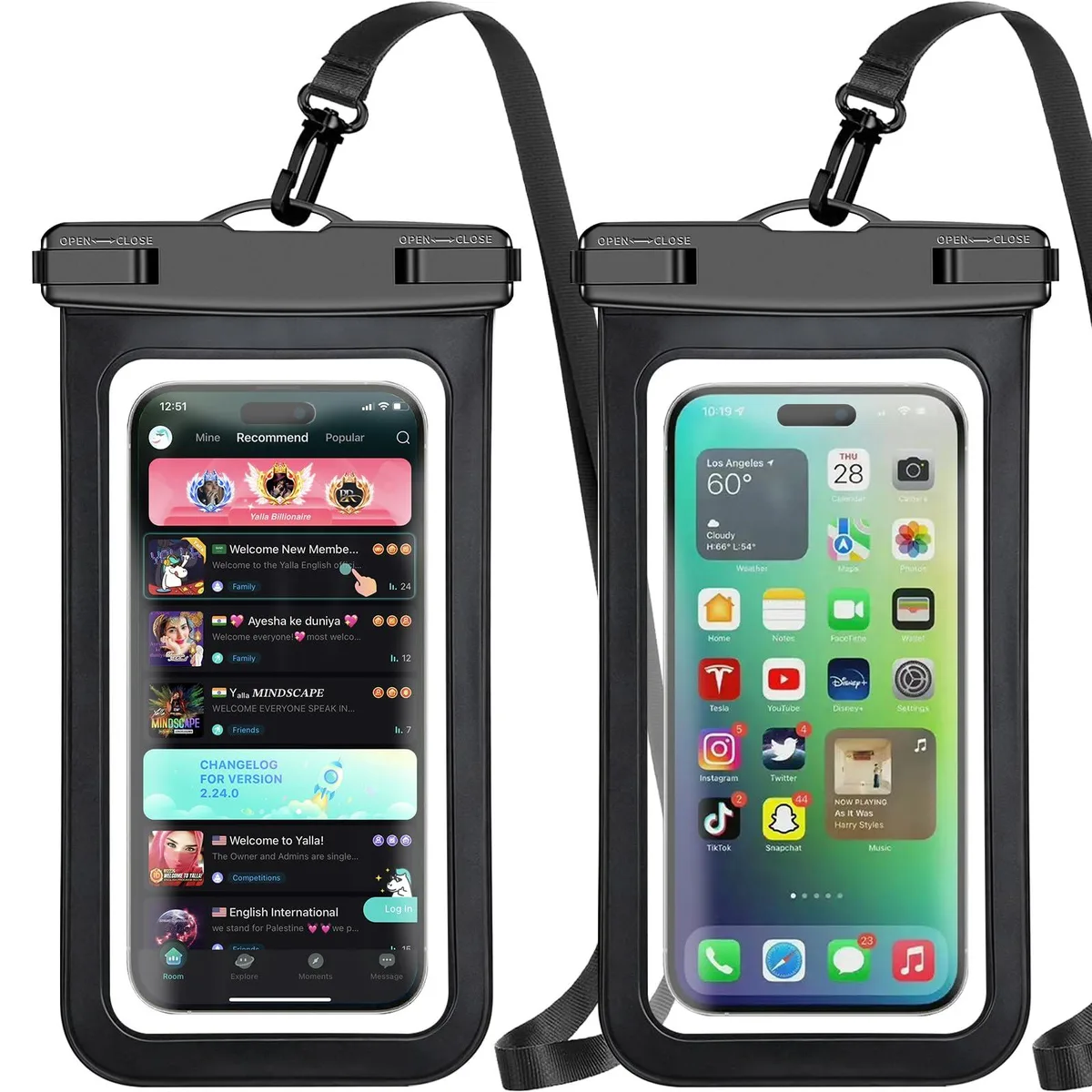 Two black rectangular waterproof phone pouches with clear PVC windows and top lanyards