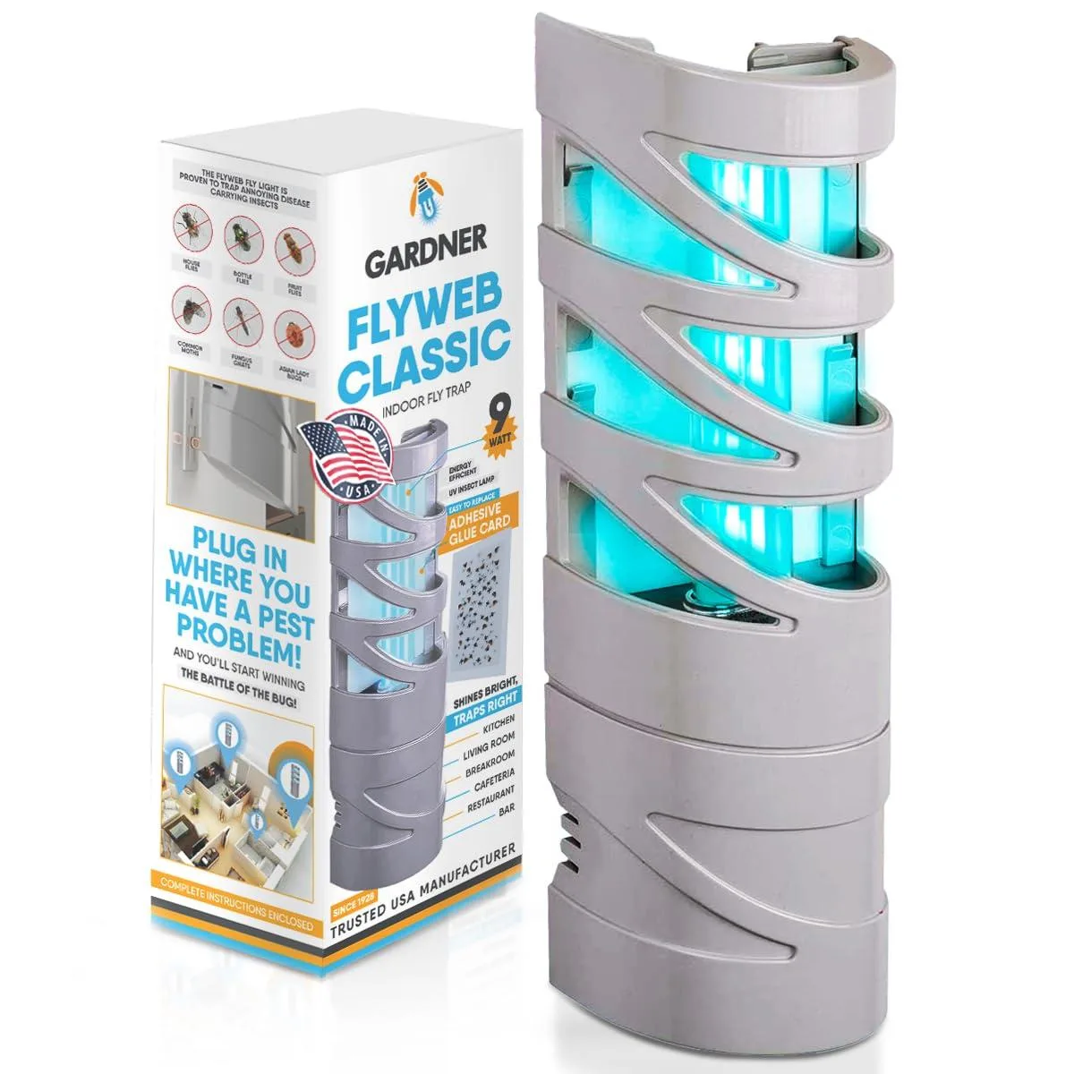 Grey wall-mounted plug-in insect trap with UV light and adhesive board