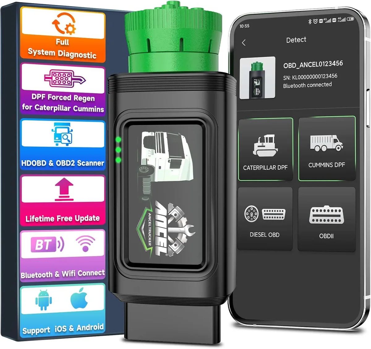 Handheld diagnostic scanner with rugged dark casing and integrated screen