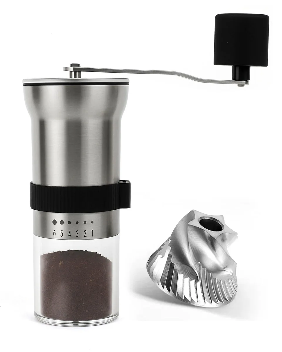  QYS-018 Manual Coffee Grinder 1.12oz 6 Settings Stainless Steel Burr — product photo
