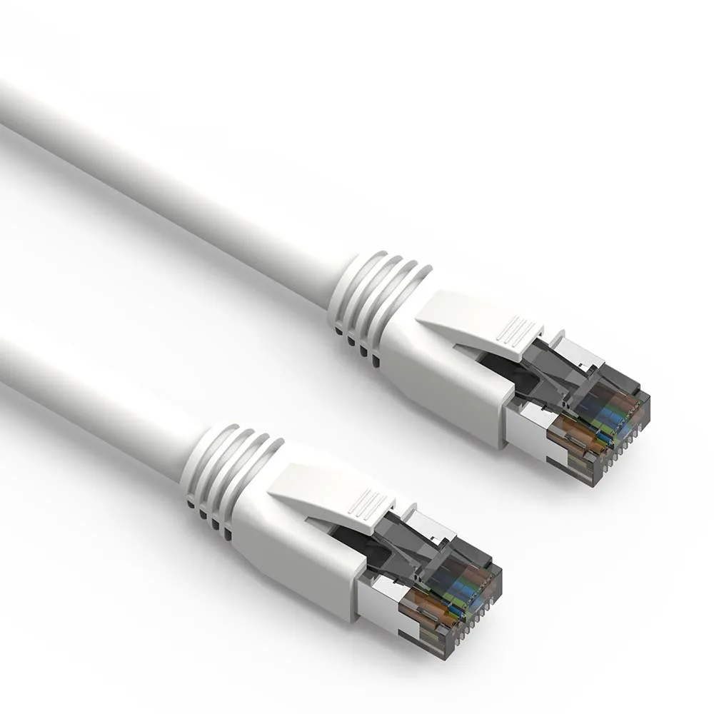 White Cat8 Ethernet cable, 2 ft, S/FTP shielded, gold RJ45 plugs