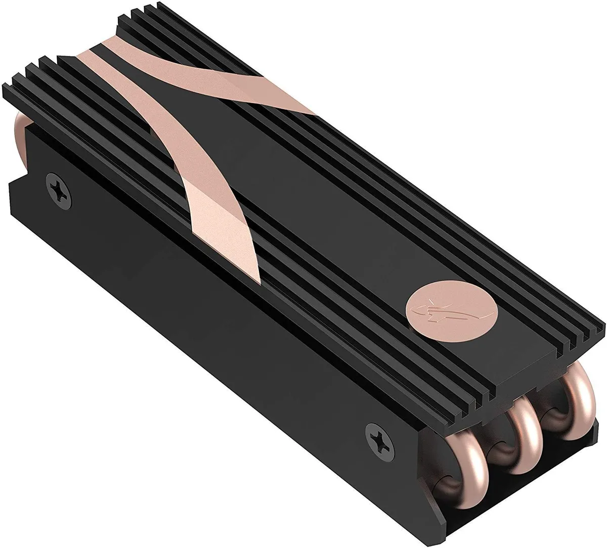 Sabrent M.2 2280 heatsink, copper base with grooved aluminum fins, 3.1 by 1.0 by .9 inches