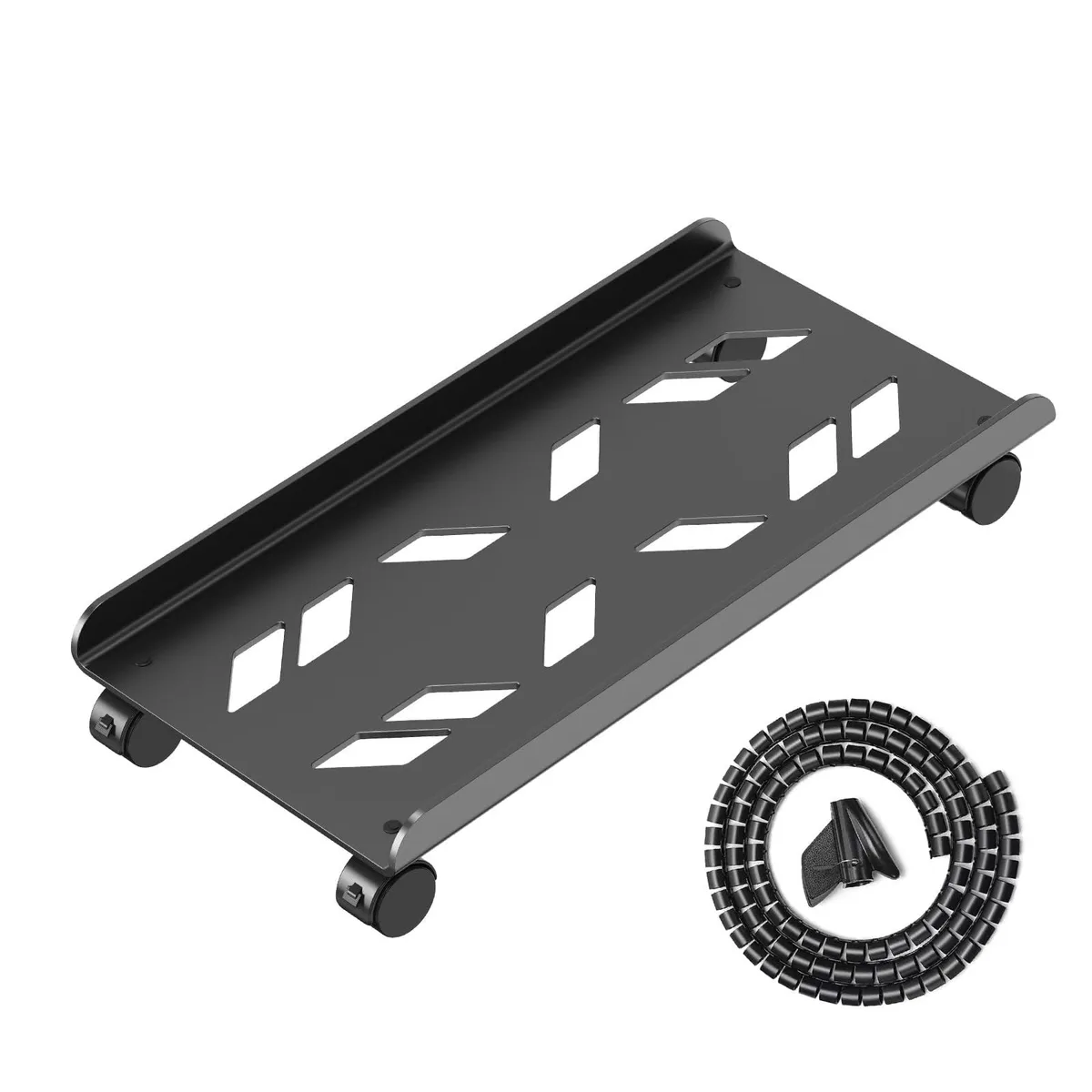 Rectangular black metal frame on four lockable casters, 7.9 by 15.7 inches, perforated base, side rails