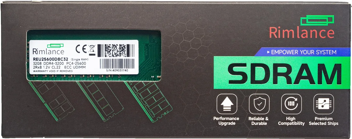 RIMLANCE RIMLANCE REU25600D8C32-1 32GB DDR4 3200 ECC UDIMM 2Rx8 CL22 1.2V server RAM — product photo