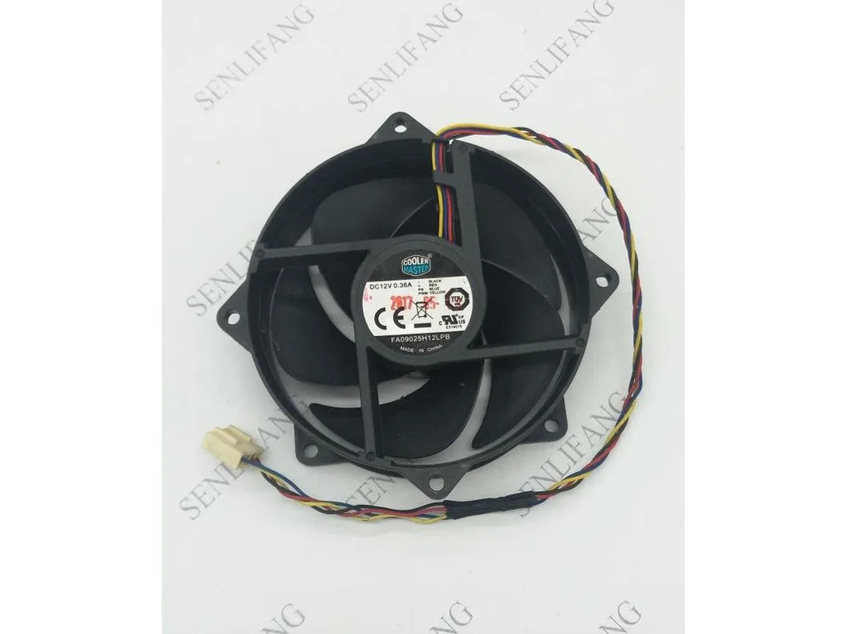 9 cm square case fan, black frame, transparent blades, four-wire connector