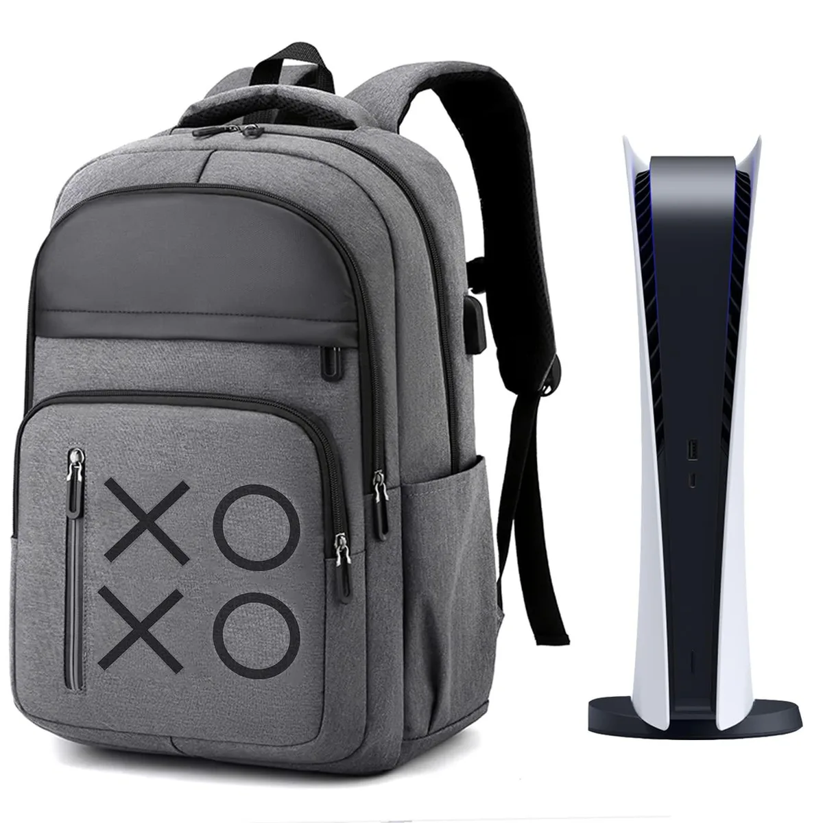 Grey polyester backpack with padded straps and USB port, 17 litre capacity