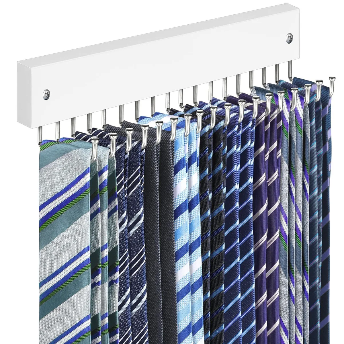 White wooden tie rack with 18 stainless steel hooks, wall-mounted, 14.17 inches long
