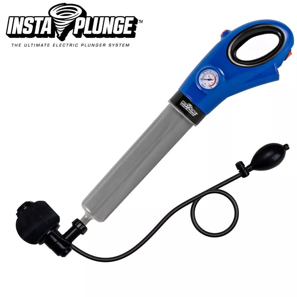 White electric plunger unit with pressure gauge, multiple interchangeable heads and storage bag