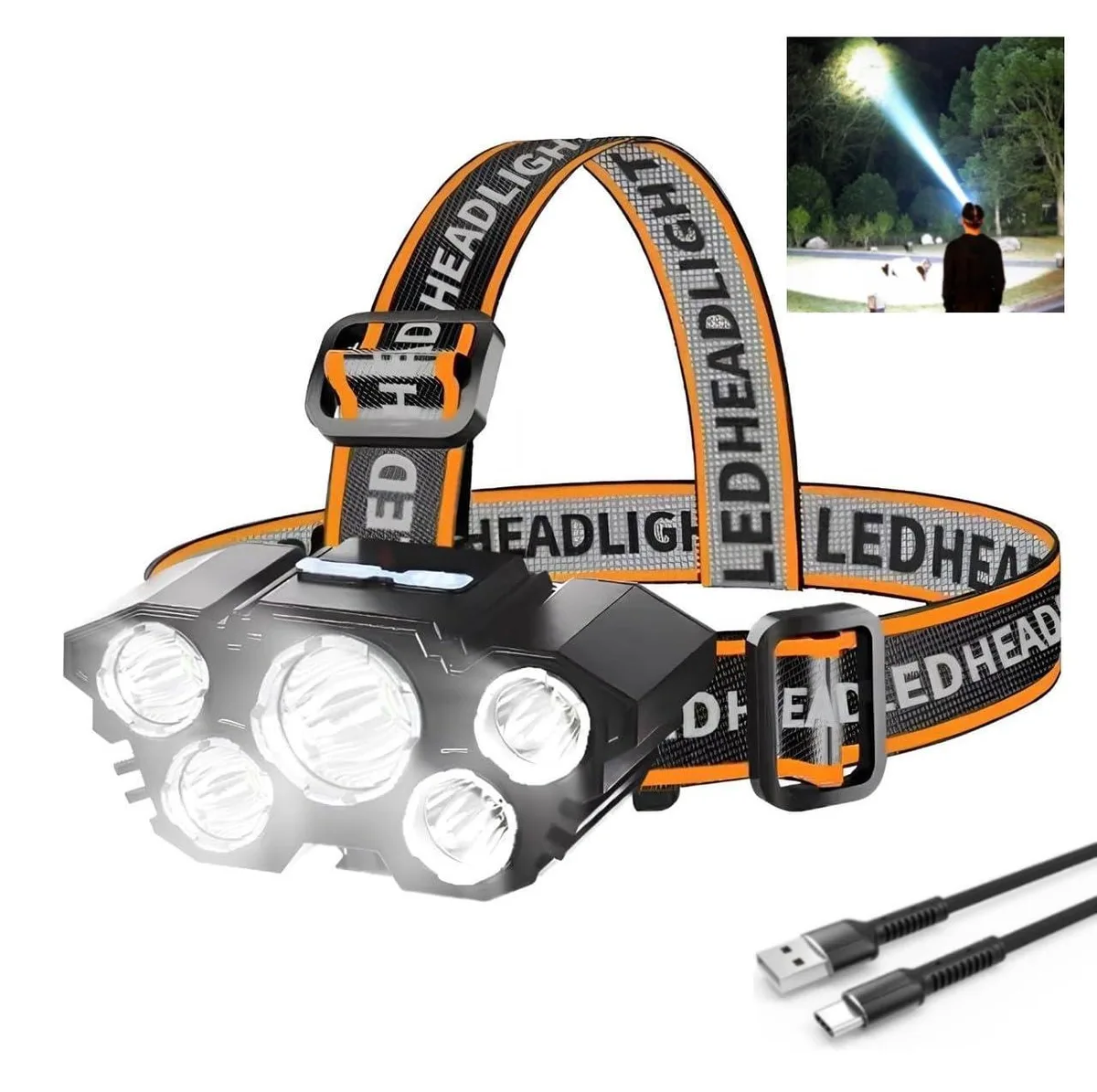 Compact white LED headlamp with adjustable elastic strap and tiltable light unit