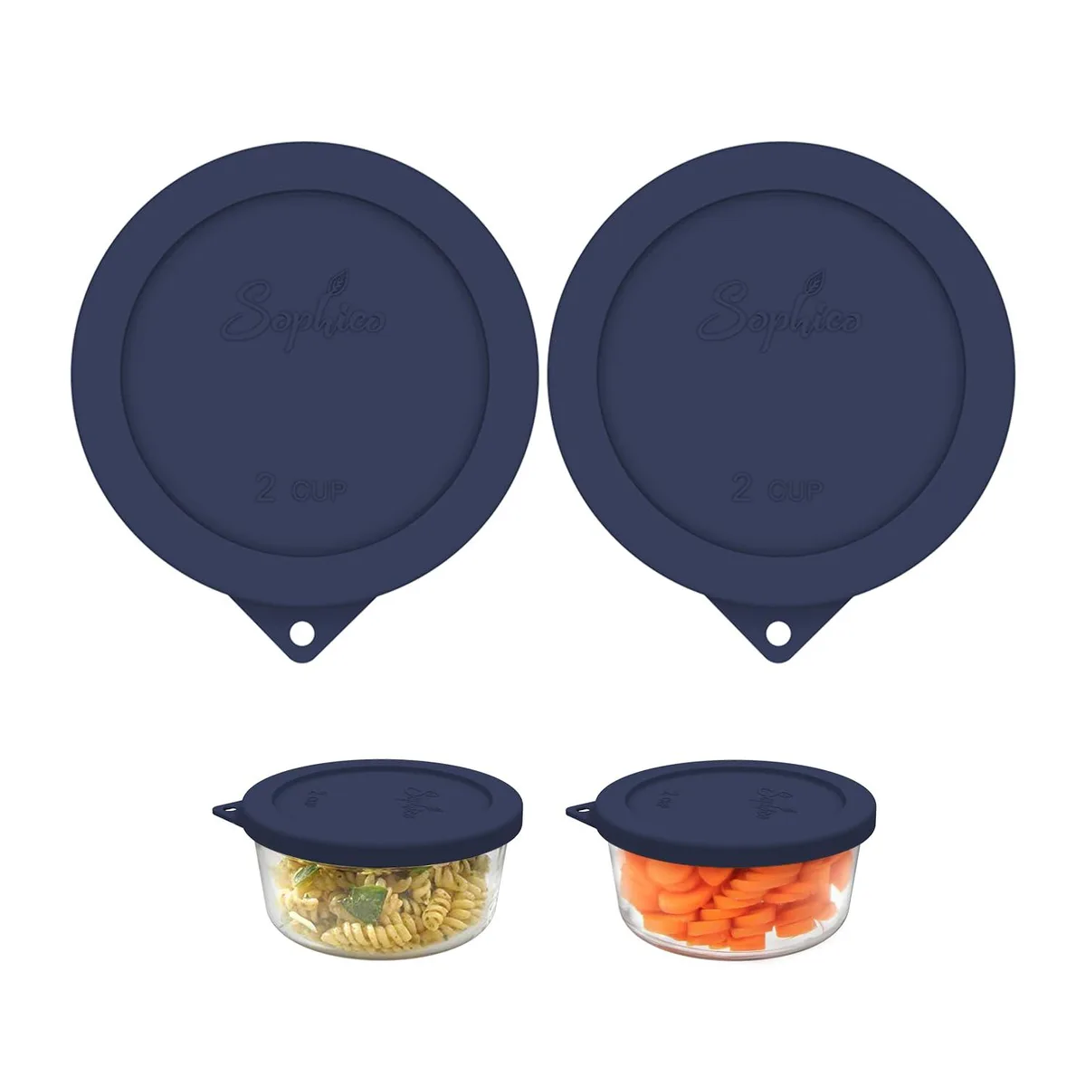 Two navy blue round silicone lids with hanging holes
