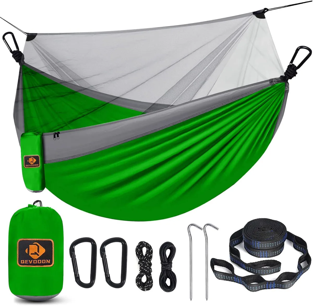 Green and grey double parachute nylon hammock with integrated mosquito net and attached stuff sack